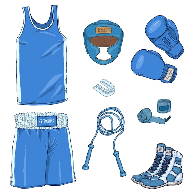 Vetor conjunto vetorial de desenhos animados, equipamento de boxe azul, capacete, luvas, envoltórios manuais, bocal e sapatos