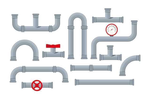 Conjunto vetorial de detalhes do sistema de tubos de mercadorias em estilo plano Coleção de filtros de tubulação de plástico de tubo de água acessórios para válvulas de gás encanamento torneira esgoto Construção e tecnologia industrial