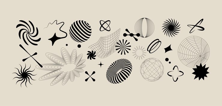 Vetor conjunto vetorial de diferentes formas geométricas e elementos ícones e sinais de design brutalista formas básicas