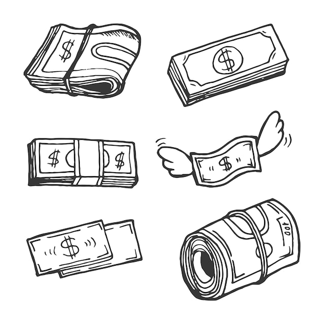 Vetor conjunto vetorial de dinheiro desenhado à mão doodle notas e moedas de dólar
