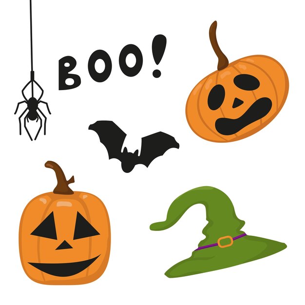 Conjunto vetorial de elementos de design para Halloween Imagem de cor de uma abóbora com rostos um chapéu uma aranha