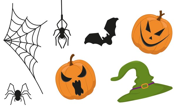 Conjunto vetorial de elementos de Halloween Imagem de uma abóbora uma aranha com uma teia e um morcego