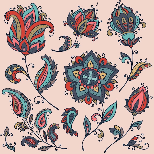 Conjunto vetorial de elementos florais de henna coloridos baseados em ornamentos asiáticos tradicionais Paisley Mehndi Tattoo Doodles collection