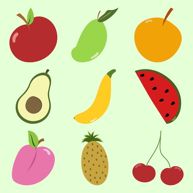 Vetor conjunto vetorial de elementos modernos de desenhos animados de frutas