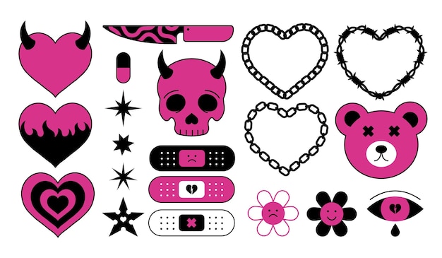 Vetor conjunto vetorial de elementos no estilo n2d, ilustração kawaii emo preto e rosa