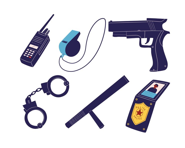 Vetor conjunto vetorial de equipamentos de polícia e segurança algemas rádio de algemas de armas