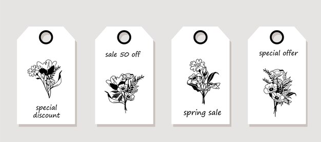 Vetor conjunto vetorial de etiquetas de preços de desconto etiquetas com arte de linhas de bouquets venda de primavera