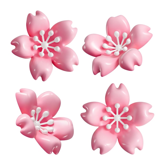 Conjunto vetorial de flores de cerejeira rosa sakura em 3D