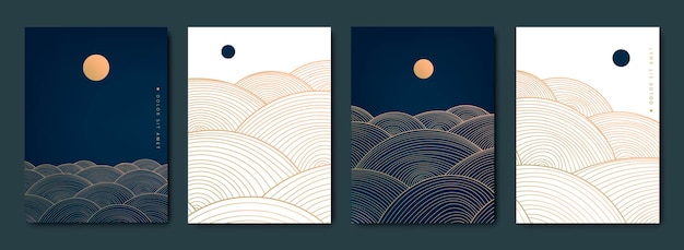 Conjunto vetorial de fundos ondulados de arte abstrata cobre banners em estilo japonês paisagens de linha de água do mar mountiain com sol lua arte de parede de luxo dourado