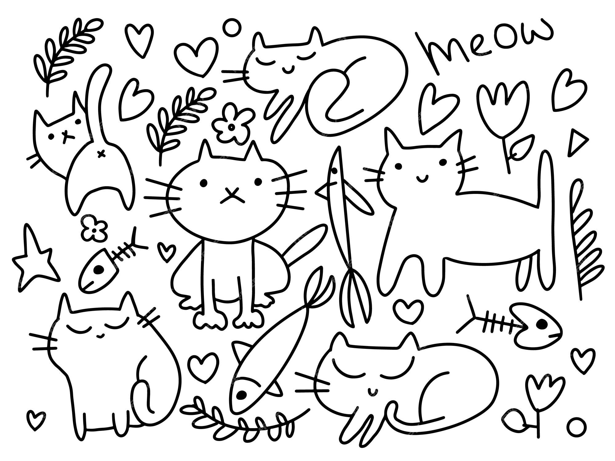 Vetores de Doodle De Gato Coleção De Ícones De Gatos Mão Desenhada