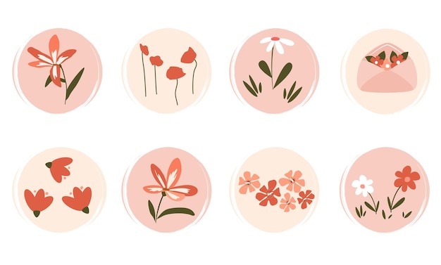 Vetor conjunto vetorial de ícones de design de logotipo e emblemas para destaque de mídia social com flores coloridas