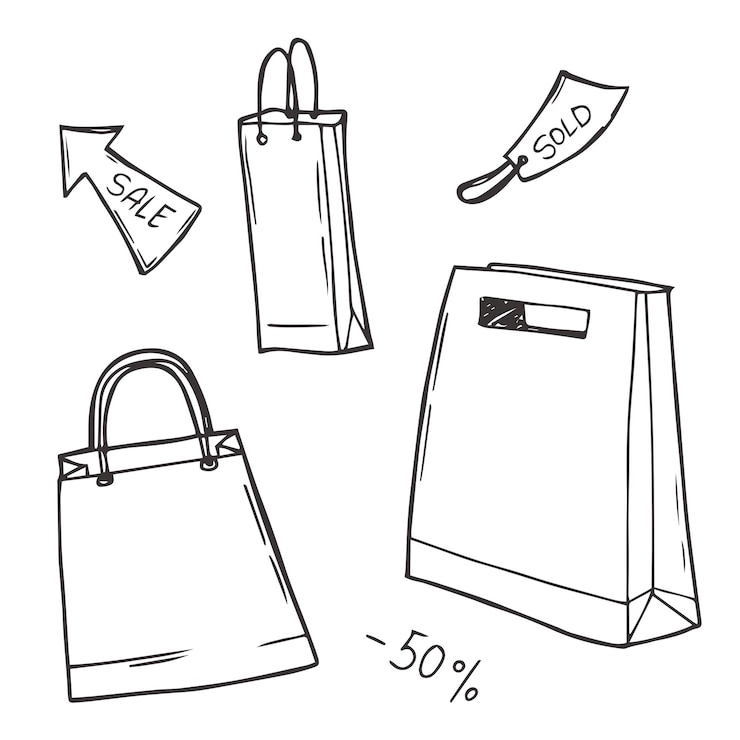 Vetor conjunto vetorial de ícones de sacolas de compras doodle preto