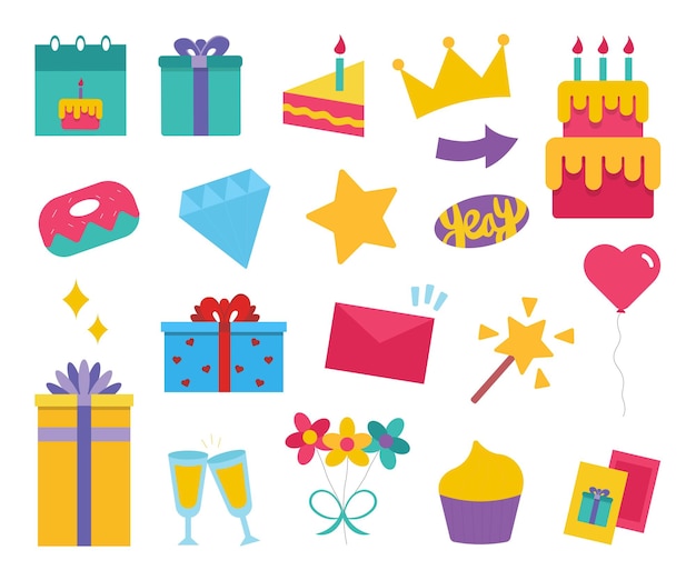 Conjunto vetorial de ilustrações de aniversário Elementos coloridos para temas de festas e celebrações