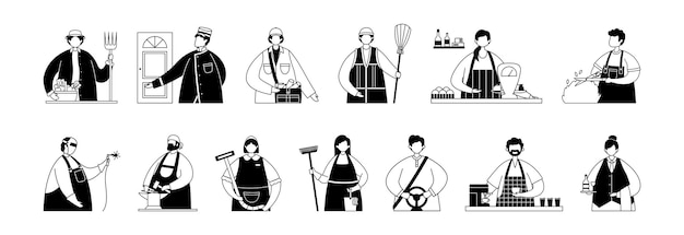 Vetor conjunto vetorial de ilustrações de trabalhadores de serviços profissionais e artesãos line art