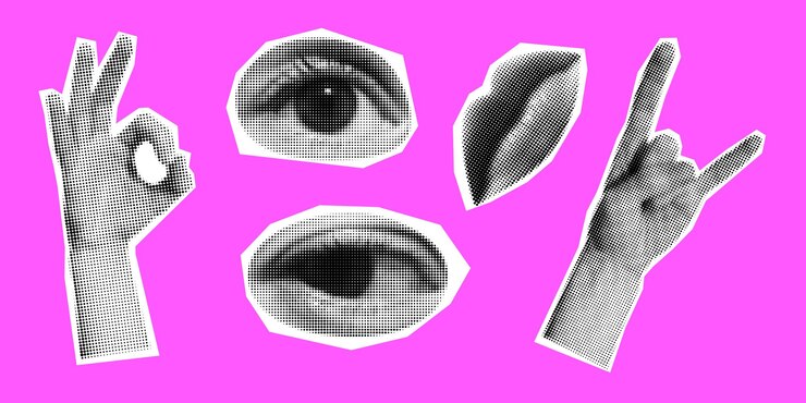 Vetor conjunto vetorial de mãos, lábios e olhos em meio tom, elementos de colagem em meio tom, papel rasgado, coleção vintage moderna, colagem moderna com partes humanas recortadas em papel em fundo rosa