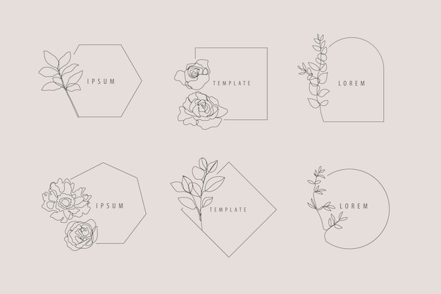 Conjunto vetorial de modelos de design de logotipo de quadros florais minimalistas de linha de luxo e emblemas de estilo linear de conceitos de monograma para rede social de moda e beleza