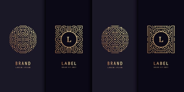 Conjunto vetorial de modelos de design de logotipos brochuras panfletos design de embalagem em tendência linear letras art deco em quadrados uso para produtos de luxo convites de casamento cosméticos orgânicos embalagem de vinho