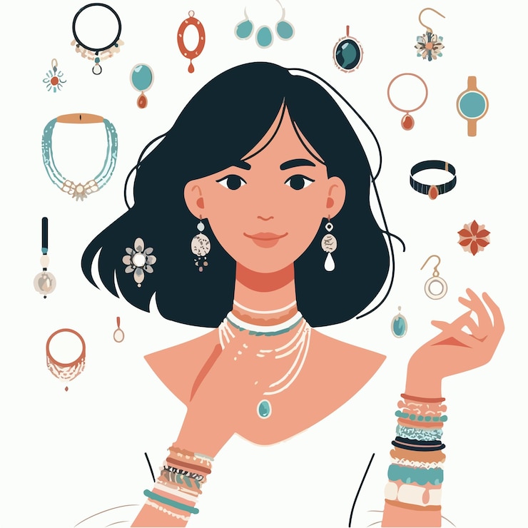 Vetor conjunto vetorial de mulheres com jóias em estilo de design plano