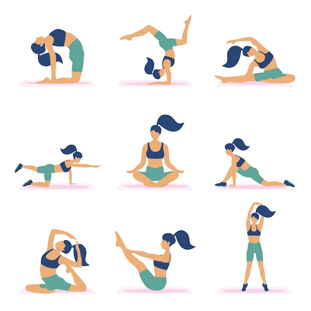 Vetor conjunto vetorial de mulheres esportivas fazendo ioga e pilates no tatame e praticando respiração.
