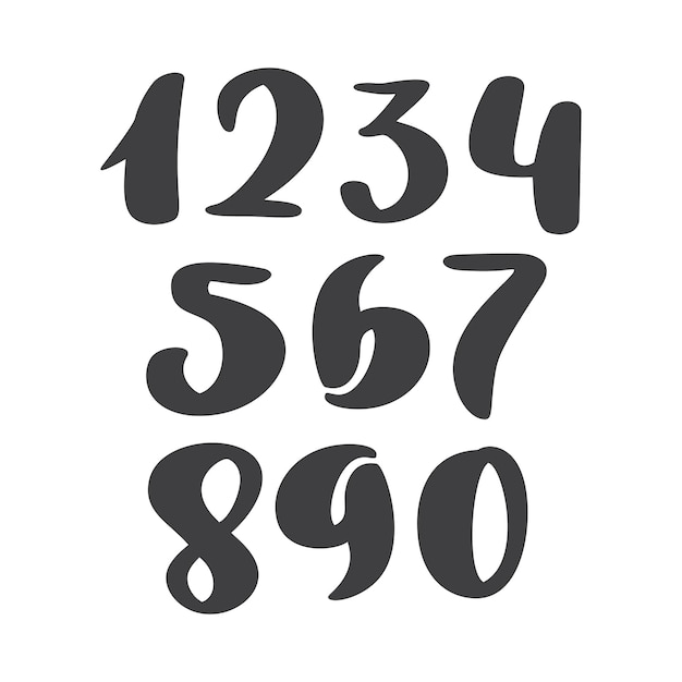 Conjunto vetorial de números de tinta caligráfica abc para sua letra de pincel de design estilo de pincel manuscrita cursiva moderna