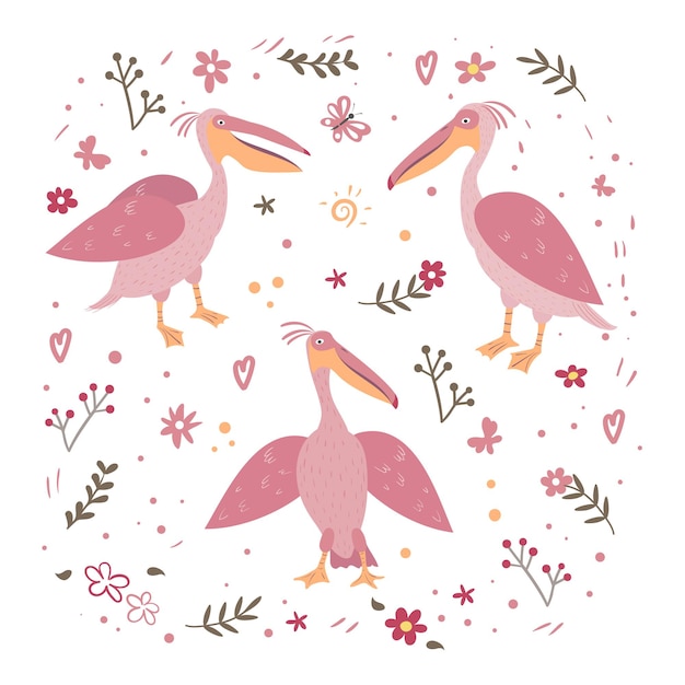 Vetor conjunto vetorial de pelicanos cor de rosa e flores ilustração desenhada à mão