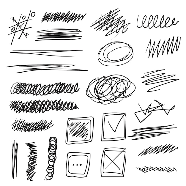 Conjunto vetorial de rabiscos através de linhas e formas ilustração de doodle desenhada à mão de forma descuidada