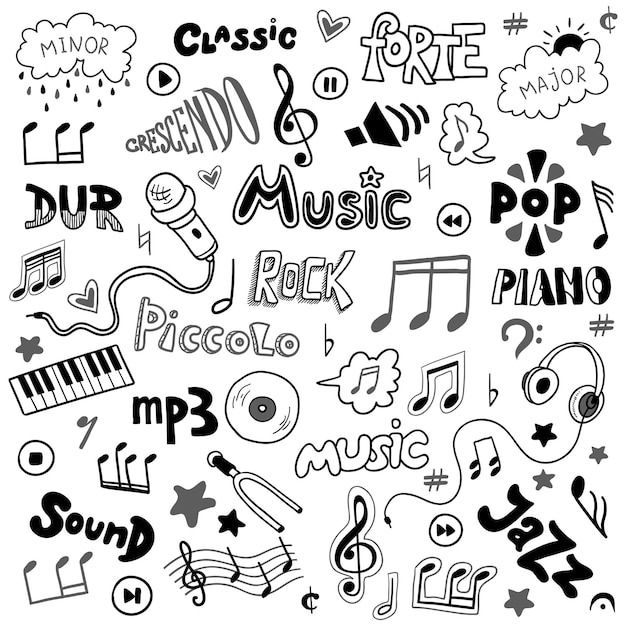 Conjunto vetorial de rabiscos desenhados à mão no tema musical símbolos de música incolor e palavra
