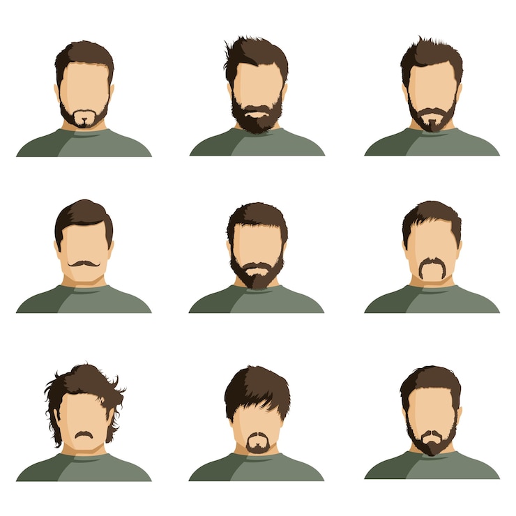 Vetor conjunto vetorial de rostos planos com diferentes penteados, barbas e bigodes