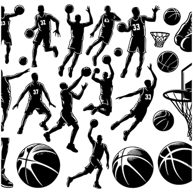Conjunto vetorial de silhuetas de elementos de basquete
