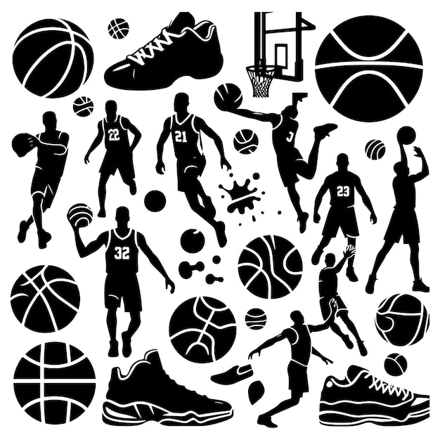 Conjunto vetorial de silhuetas de elementos de basquete