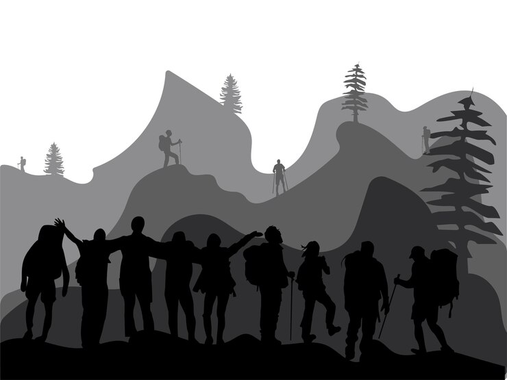 conjunto vetorial de silhuetas de estilo diferente de aventura de alpinista e mochileiro, escalada, acampamento, montanha