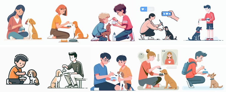Vetor conjunto vetorial de um adolescente alimentando um animal de estimação com um estilo de design plano simples