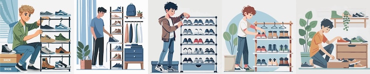 Vetor conjunto vetorial de um adolescente arranjando um rack de sapatos em um estilo de design plano simples