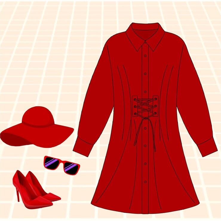 Vetor conjunto vetorial de vestido vermelho feminino com chapéu, sapatos e óculos