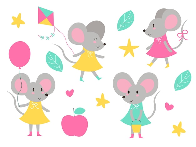 Conjunto vetorial plano de ratinho em diferentes situações pequeno roedor com orelhas grandes e cauda longa personagem de desenho animado bonito eps