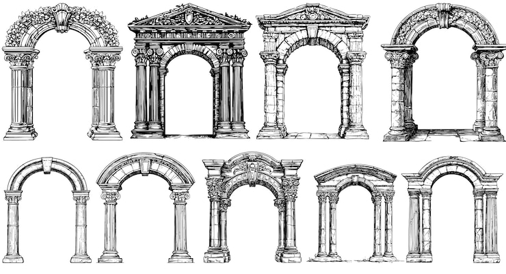 Vetor conjunto vetorial vintage de arcos e quadros decorativos portas de palácio antigo com colunas romanas fachadas gravadas