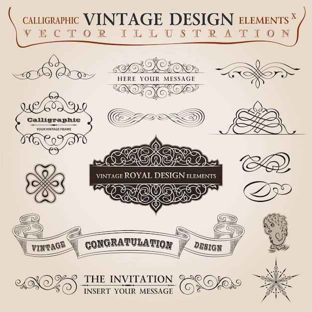 Vetor conjunto vintage de elementos caligráficos e decoração de ornamento de moldura de fita de parabéns