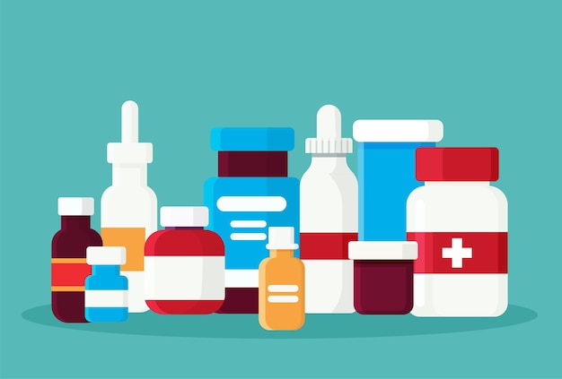 Conjuntos de farmácia medicamentos produtos médicos ilustração vetorial em estilo de desenho animado plano