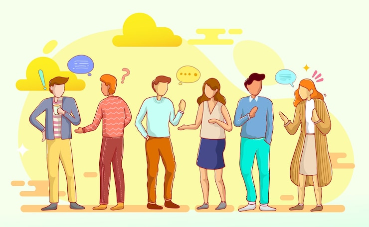 Vetor conjuntos de pessoas conversando ou falando umas com as outras. coleção de homens e mulheres conversando com balões de fala, isolados no fundo branco. ilustração vetorial colorida em estilo cartoon plana.