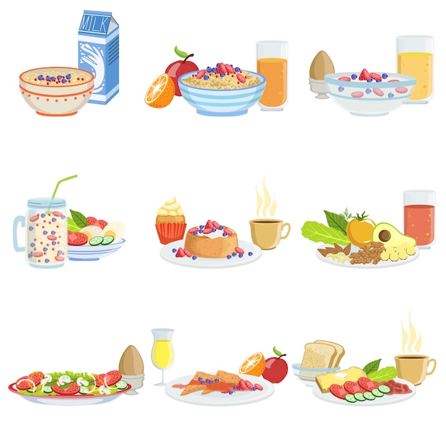 Conjuntos diferentes de alimentos e bebidas de café da manhã