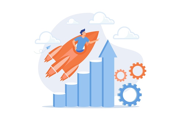 Conquista do sucesso. Aspiração de carreira, promoção de emprego, crescimento pessoal. Trabalhador motivado,