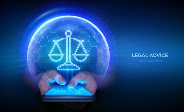 Conselho jurídico através de um aplicativo de smartphone Advogado ícone de justiça dentro de esfera de proteção transparente escudo com padrão hexagonal Lei da Internet como serviços jurídicos on-line digitais Ilustração vetorial