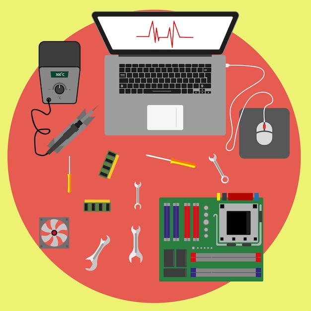 Vetor conserto de computador. oficina de informática. configurações de manutenção, manutenção e diagnóstico do computador. estilo simples