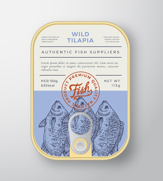 Conservas de peixe do rio abstrato vector design de embalagem de recipiente de alumínio ou rótulo tipografia moderna banner mão desenhada silhueta de tilápia com letras logotipo cor papel layout de fundo