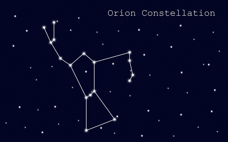 Vetor constelação de orion no fundo do céu estrelado. modelo de infográfico. ilustração vetorial