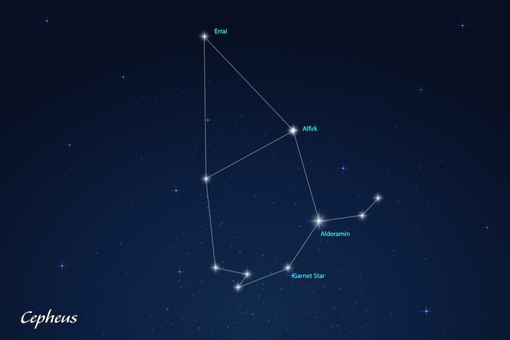Vetor constellation cepheus com nomes de estrelas no céu noturno