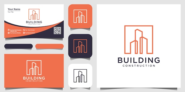 Construção com design de logotipo de estilo de arte de linha e cartão de visita