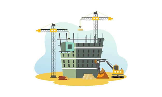 Construção com ilustração de guindaste e escavadeira