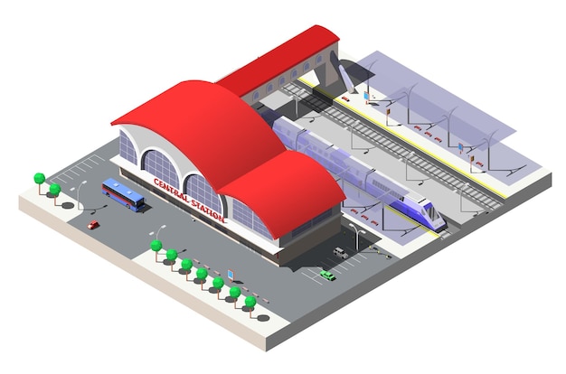 Construção da estação ferroviária, plataformas e trem