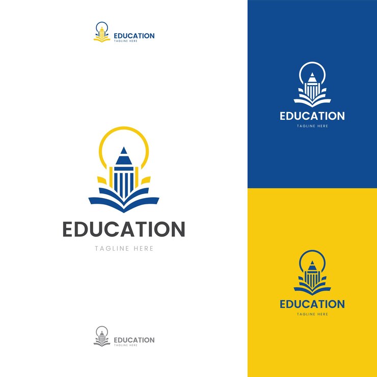 Construção de combinação elegante abstrata de educação, lápis, lâmpada de livros e logotipo de modelo de sol